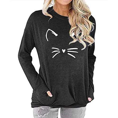 Women Cat Blouse with Pockets Meow Shirt