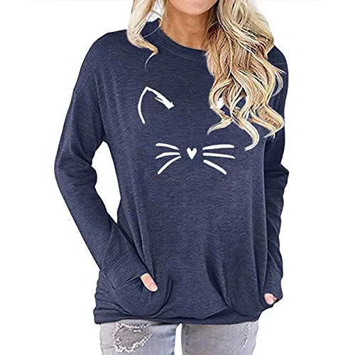 Women Cat Blouse with Pockets Meow Shirt