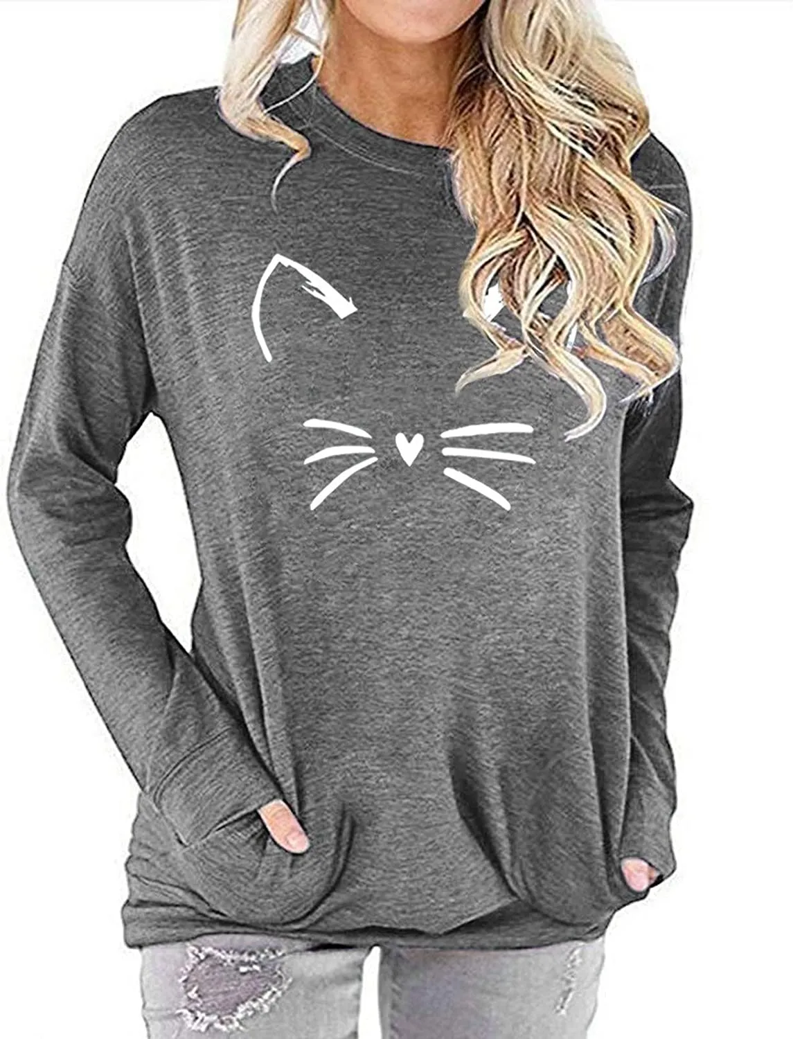 Women Cat Blouse with Pockets Meow Shirt