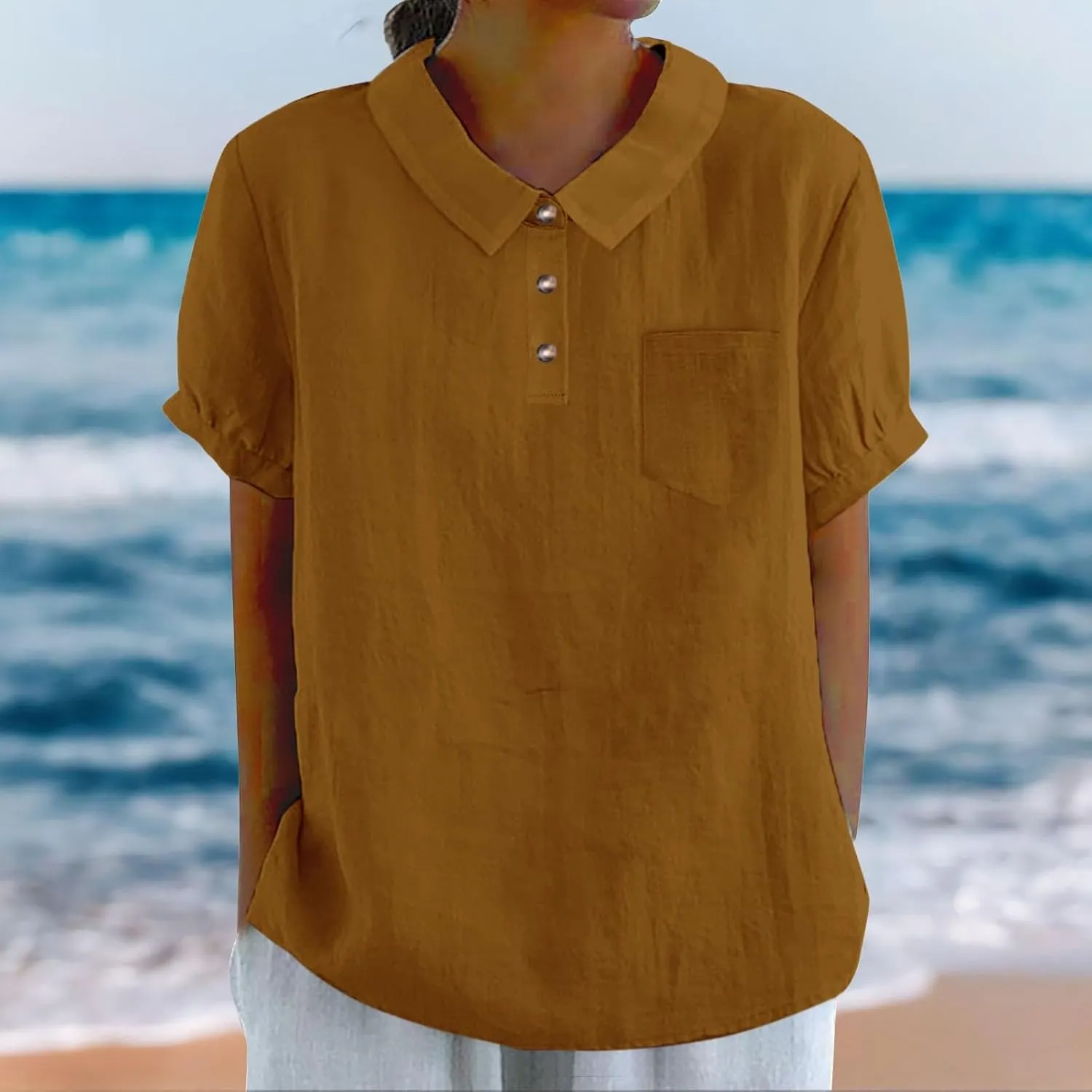 Women Cotton Linen Shirt Summer Casual Short Sleeved Tops Crew Neck Button Down Formal Blouse Cute Beach Tee Pocket