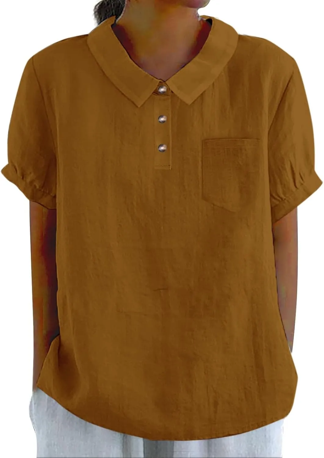 Women Cotton Linen Shirt Summer Casual Short Sleeved Tops Crew Neck Button Down Formal Blouse Cute Beach Tee Pocket