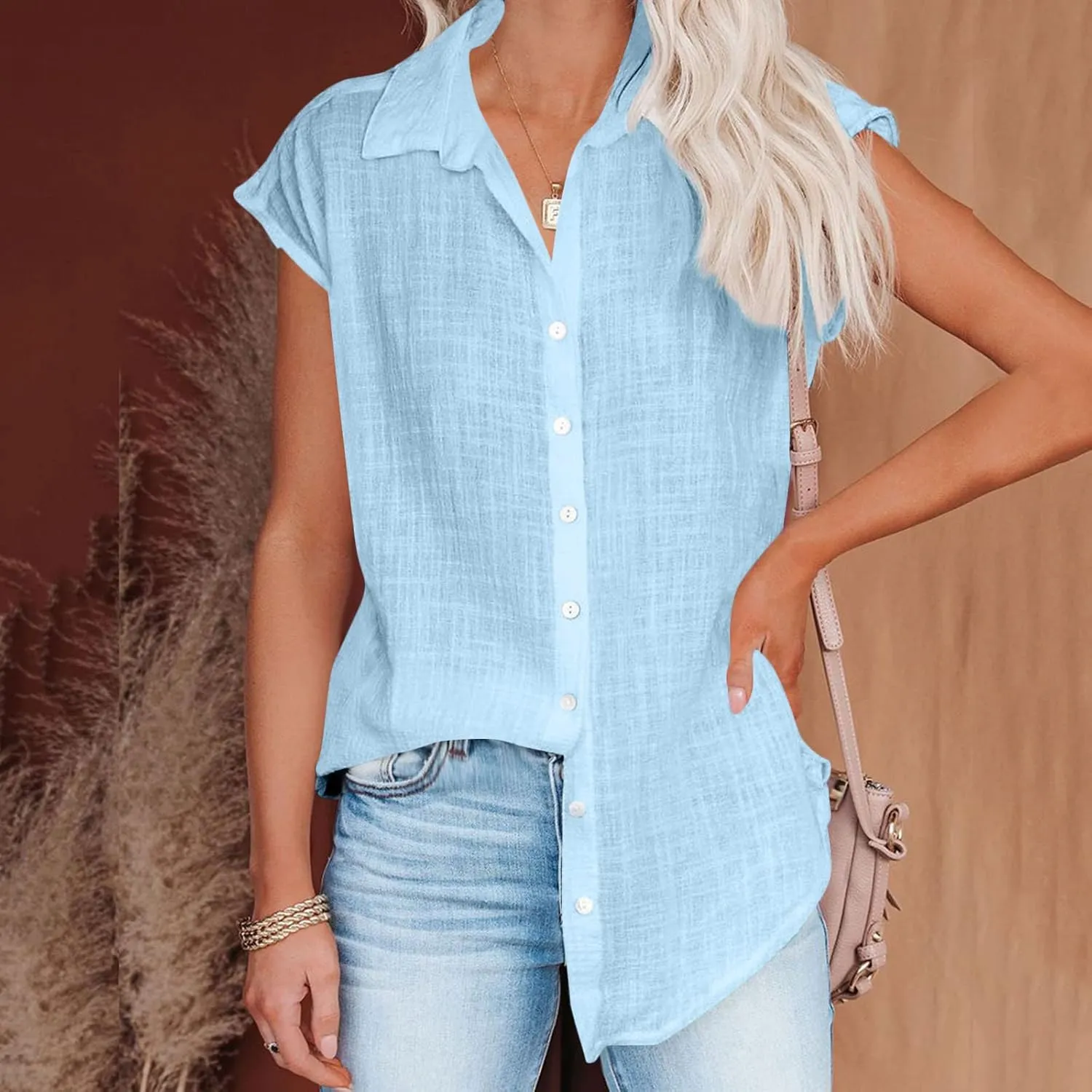 Women Cotton Linen Shirts 2025 V Neck Half Button Down Blouse Casual Cap Sleeve Tops Summer Work Vacation Clothes