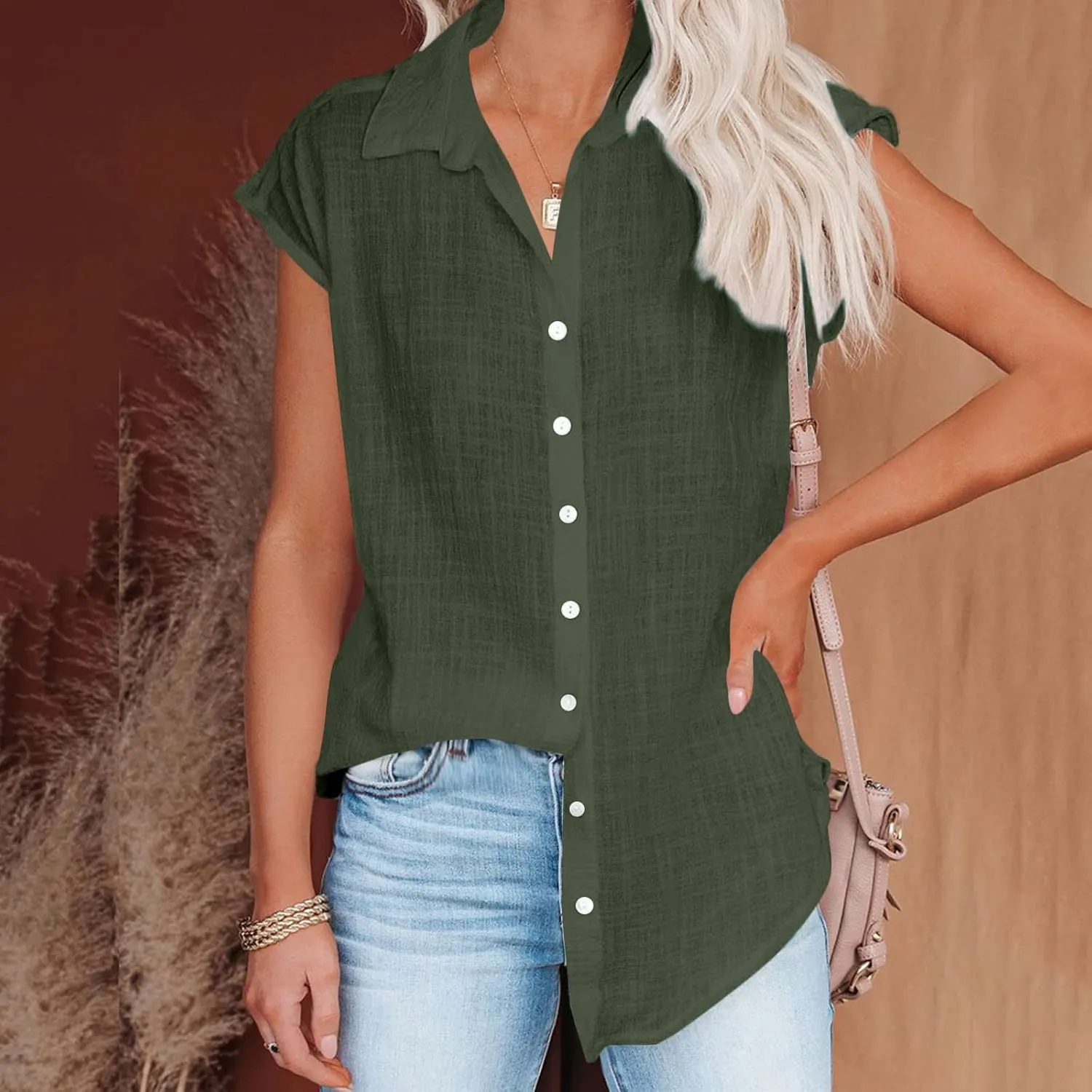 Women Cotton Linen Shirts 2025 V Neck Half Button Down Blouse Casual Cap Sleeve Tops Summer Work Vacation Clothes