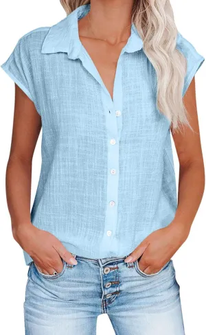 Women Cotton Linen Shirts 2025 V Neck Half Button Down Blouse Casual Cap Sleeve Tops Summer Work Vacation Clothes