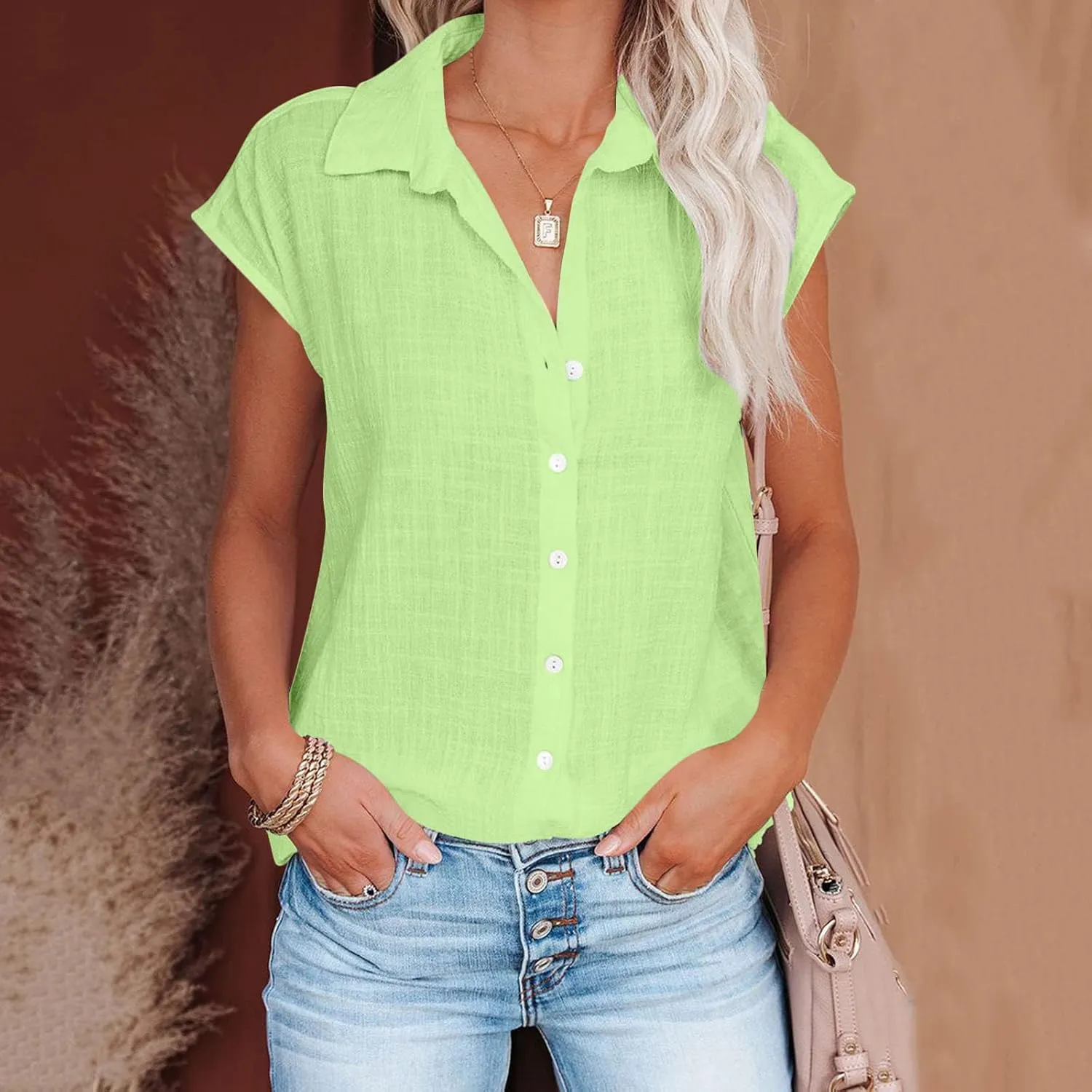 Women Cotton Linen Shirts Plus Size Summer T-Shirt Short Sleeve Casual Blouses Button Down Tee Shirts Loose Beach Top