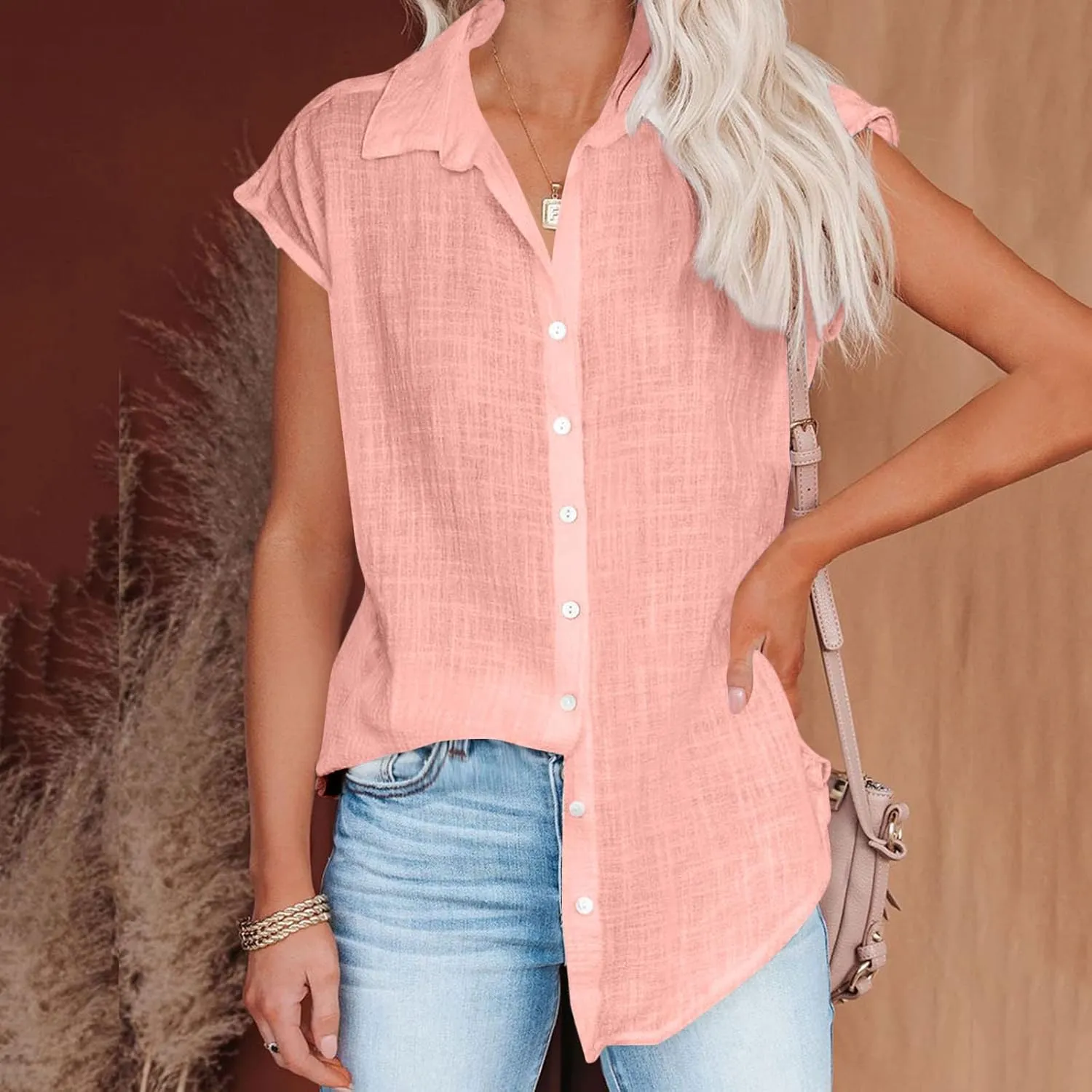 Women Cotton Linen Shirts Plus Size Summer T-Shirt Short Sleeve Casual Blouses Button Down Tee Shirts Loose Beach Top