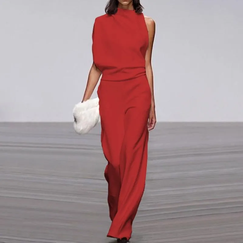 Women Elegant Jumpsuits Long Sleeve & One Shoulder Version Wide Leg Pants