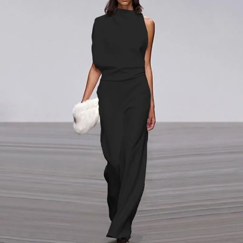 Women Elegant Jumpsuits Long Sleeve & One Shoulder Version Wide Leg Pants