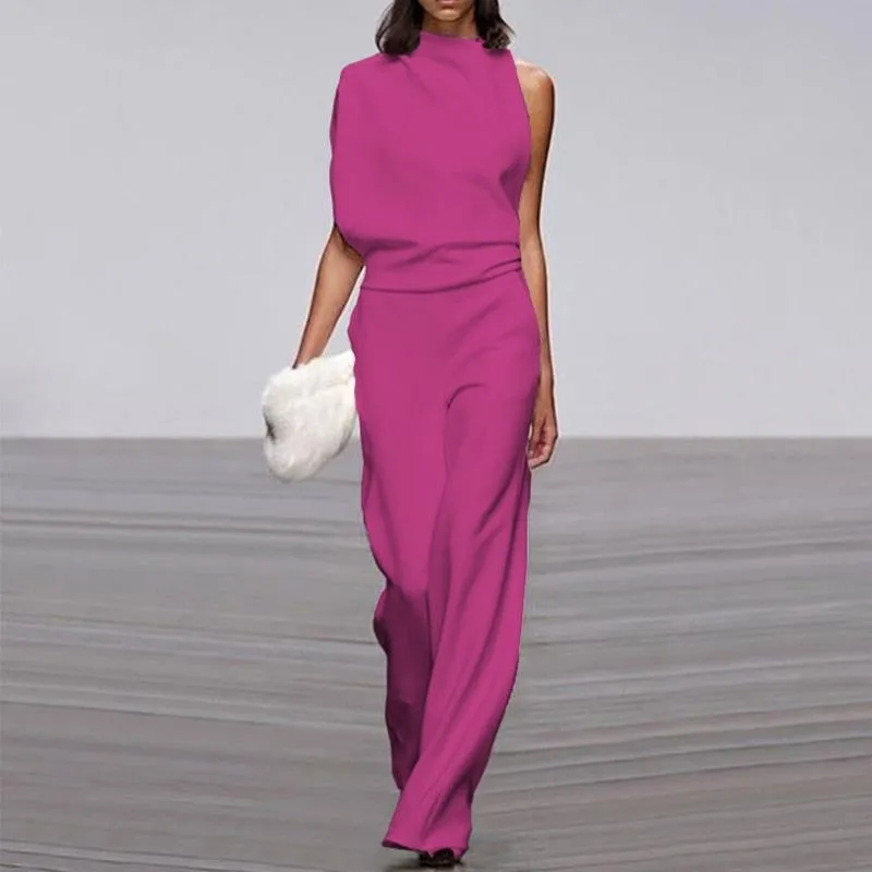 Women Elegant Jumpsuits Long Sleeve & One Shoulder Version Wide Leg Pants