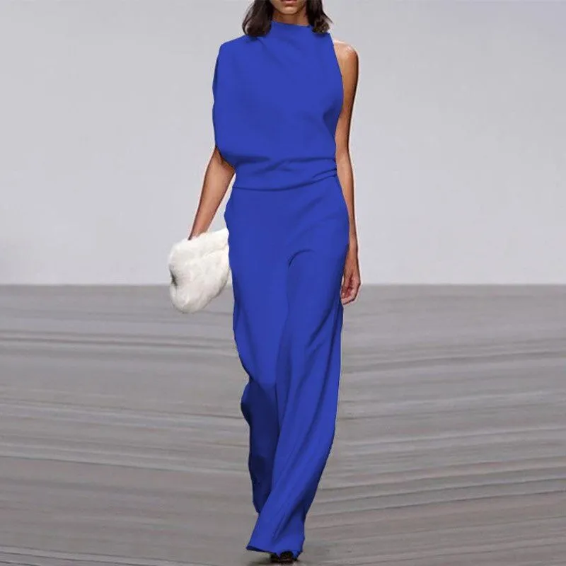 Women Elegant Jumpsuits Long Sleeve & One Shoulder Version Wide Leg Pants