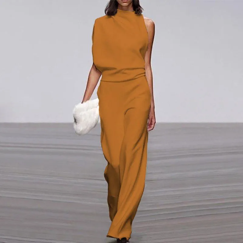 Women Elegant Jumpsuits Long Sleeve & One Shoulder Version Wide Leg Pants