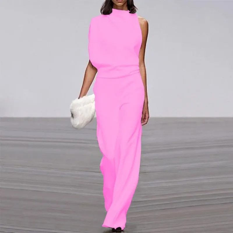 Women Elegant Jumpsuits Long Sleeve & One Shoulder Version Wide Leg Pants