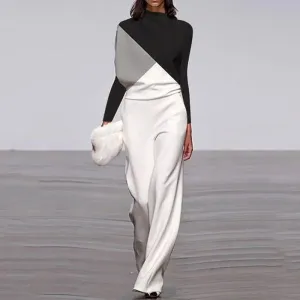 Women Elegant Jumpsuits Long Sleeve & One Shoulder Version Wide Leg Pants