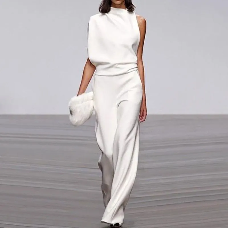 Women Elegant Jumpsuits Long Sleeve & One Shoulder Version Wide Leg Pants