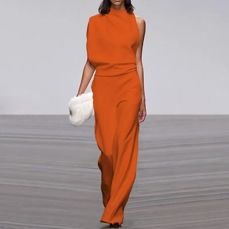 Women Elegant Jumpsuits Long Sleeve & One Shoulder Version Wide Leg Pants