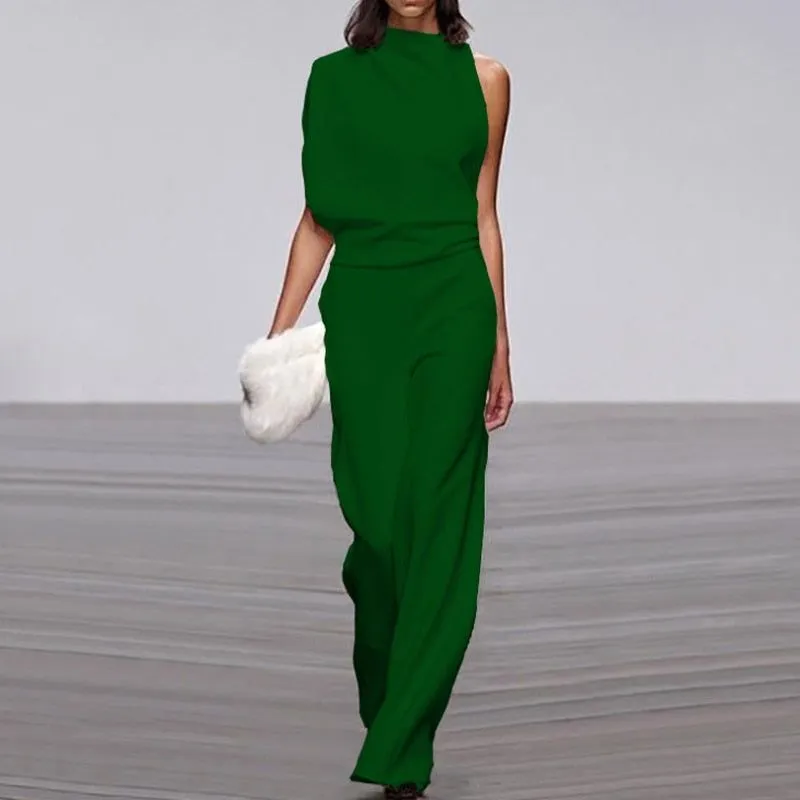 Women Elegant Jumpsuits Long Sleeve & One Shoulder Version Wide Leg Pants