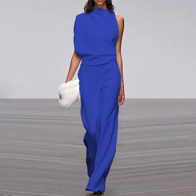 Women Elegant Jumpsuits Long Sleeve & One Shoulder Version Wide Leg Pants