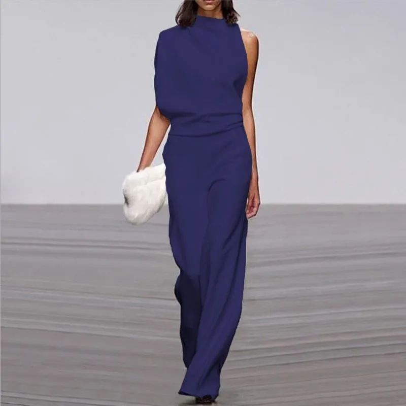 Women Elegant Jumpsuits Long Sleeve & One Shoulder Version Wide Leg Pants