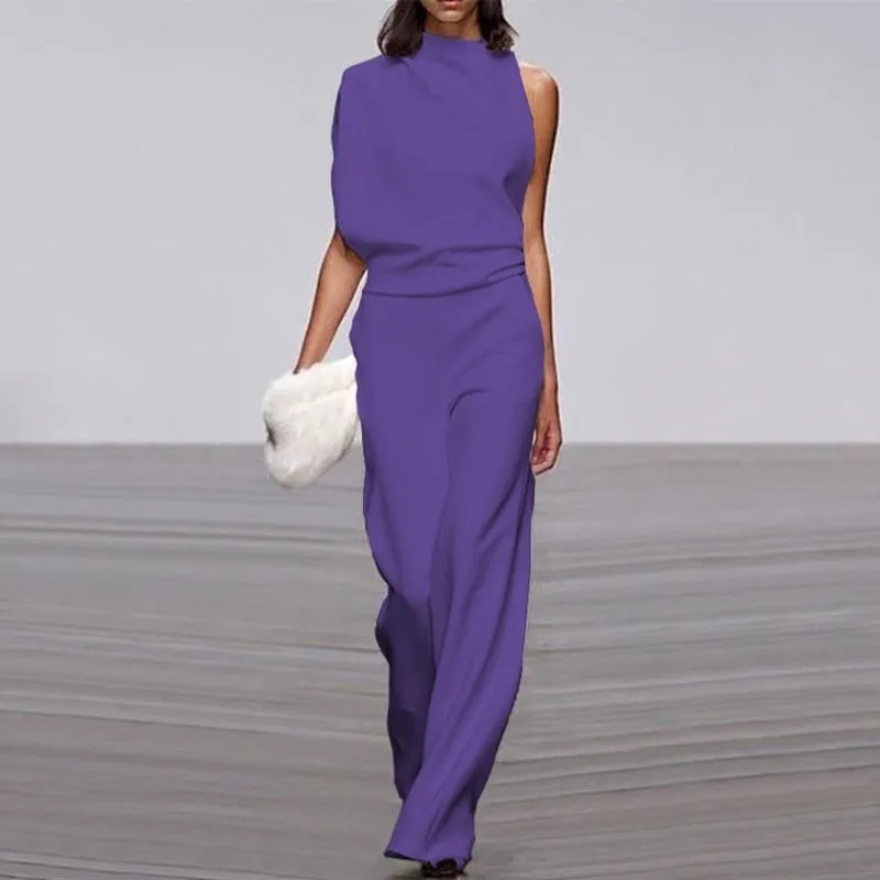 Women Elegant Jumpsuits Long Sleeve & One Shoulder Version Wide Leg Pants