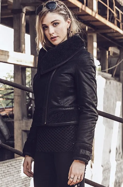 Women Faux Fur Shearling Leather Jacket By TJS