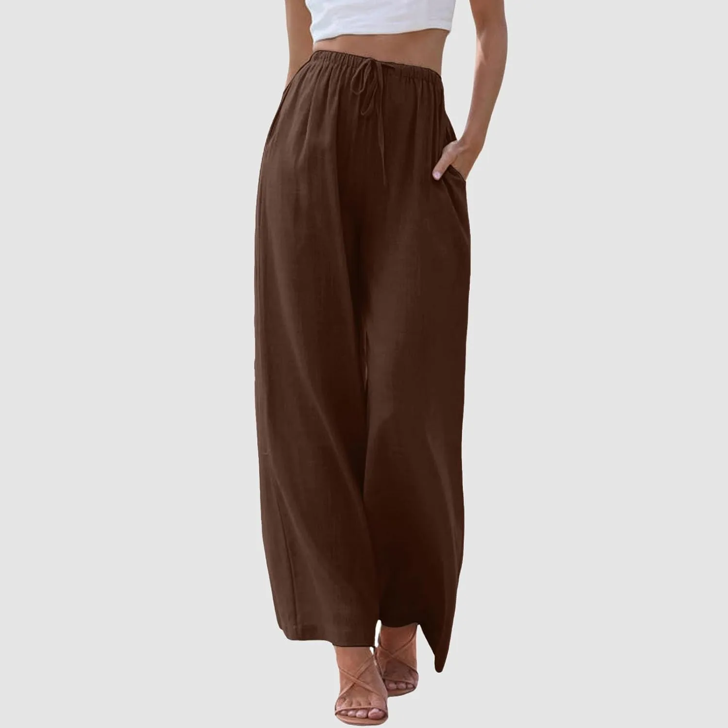 Women Linen Palazzo Pants Winter Rosy Sports Capris with Pockets Flare Leggings Straight Leg