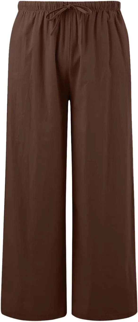Women Linen Palazzo Pants Winter Rosy Sports Capris with Pockets Flare Leggings Straight Leg