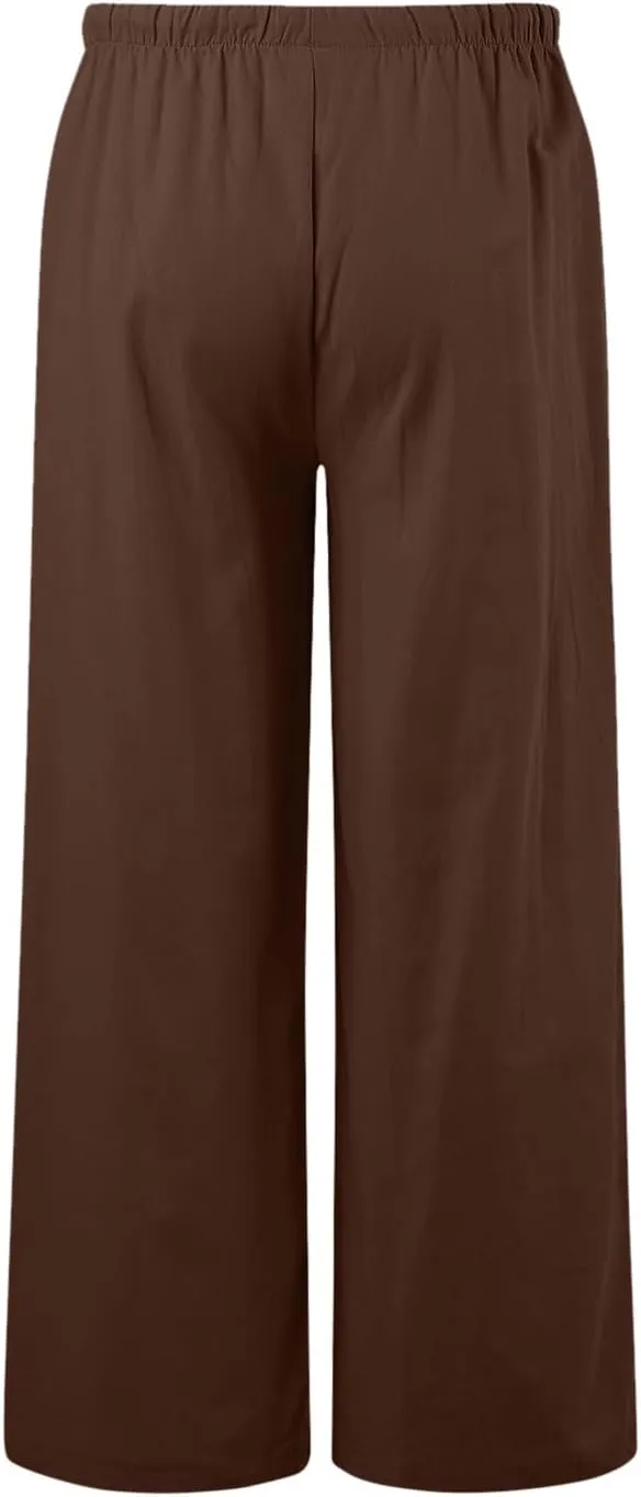 Women Linen Palazzo Pants Winter Rosy Sports Capris with Pockets Flare Leggings Straight Leg