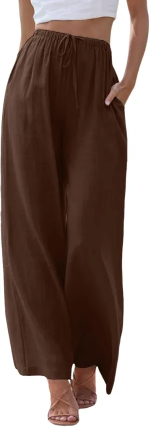 Women Linen Palazzo Pants Winter Rosy Sports Capris with Pockets Flare Leggings Straight Leg