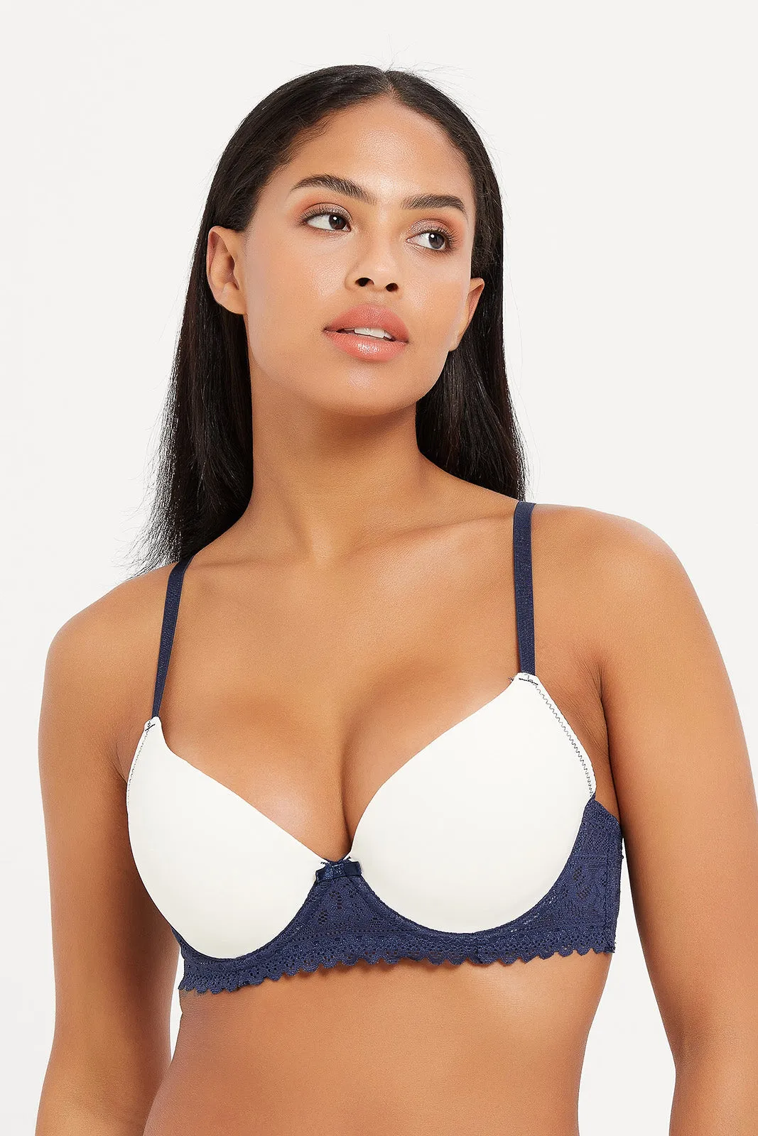 Women Navy And Ivory Plunge Bras Set (Pack of 2)