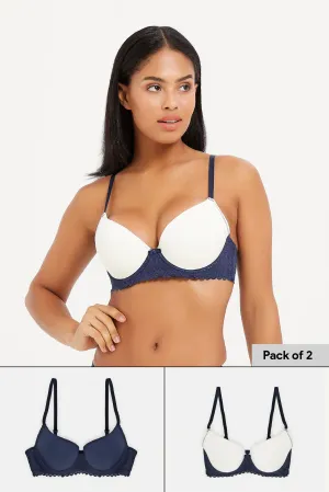 Women Navy And Ivory Plunge Bras Set (Pack of 2)