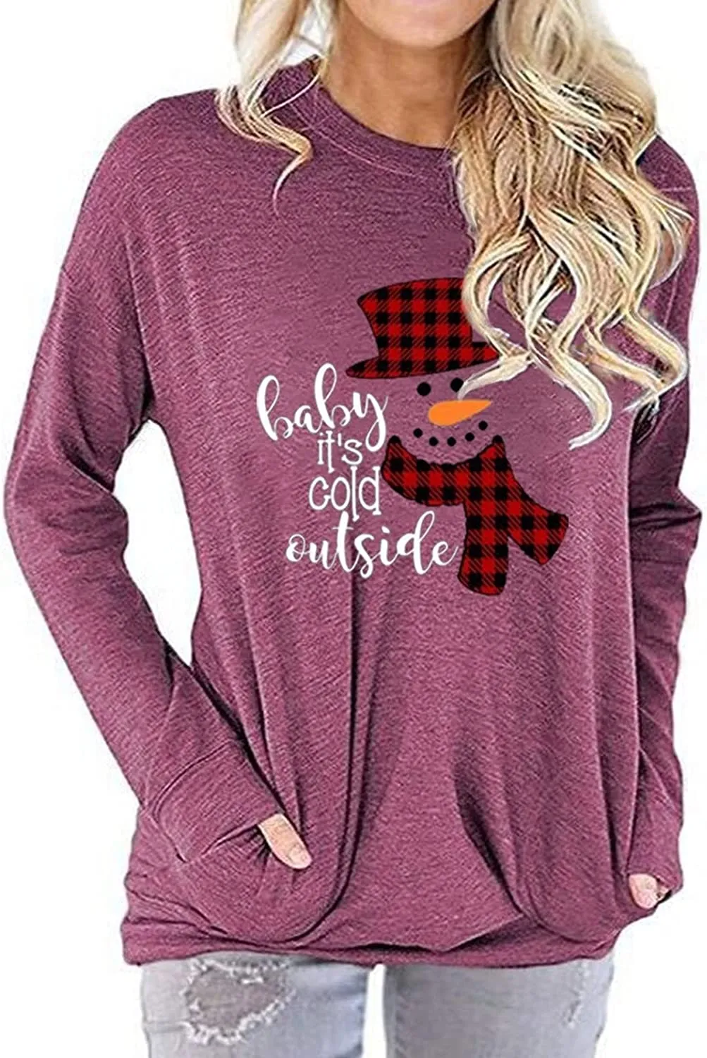 Women Pocket Blouse Checkered Stitching Christmas Snowman Print Round Neck Long Sleeve Shirt