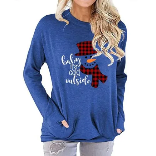Women Pocket Blouse Checkered Stitching Christmas Snowman Print Round Neck Long Sleeve Shirt