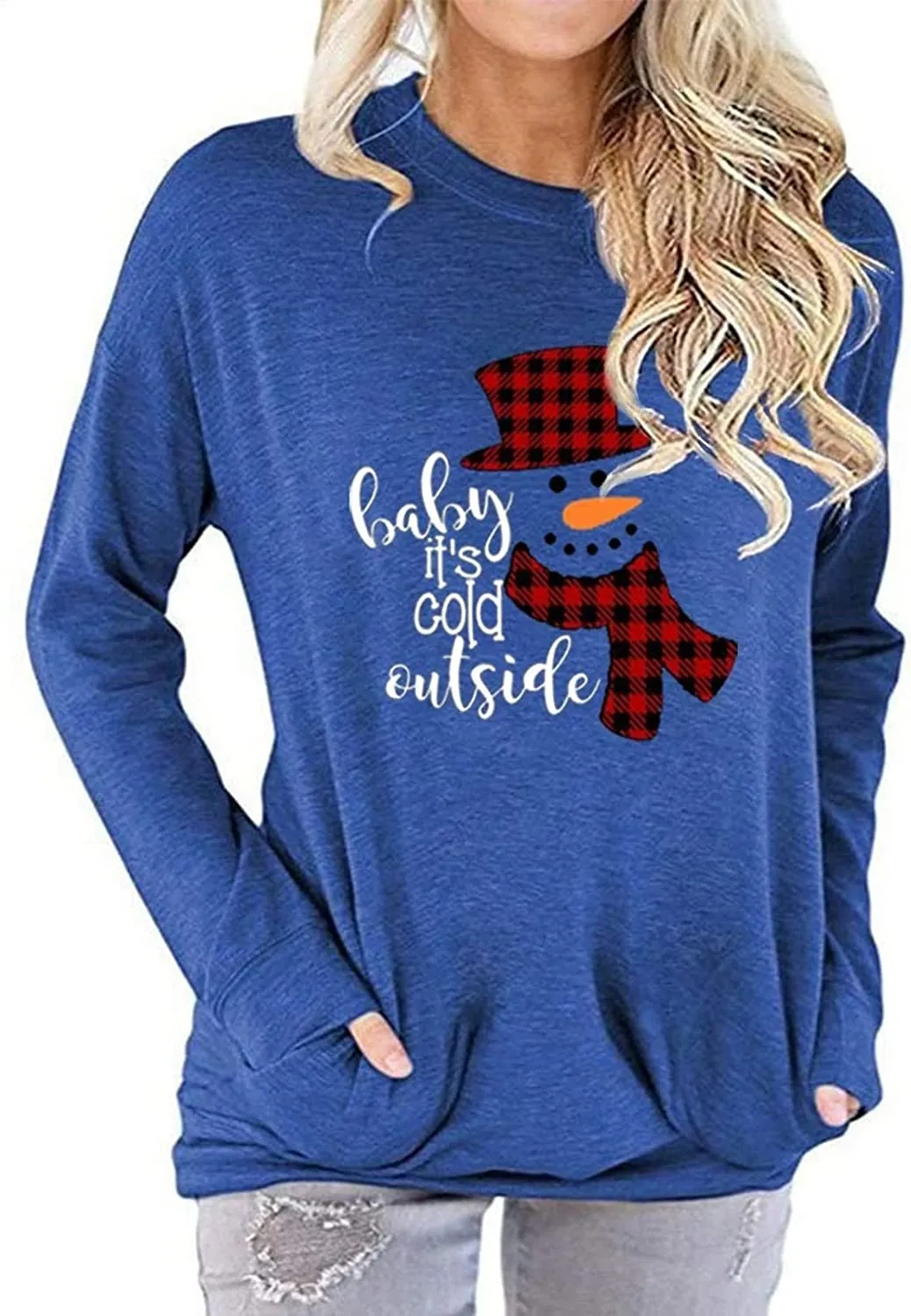 Women Pocket Blouse Checkered Stitching Christmas Snowman Print Round Neck Long Sleeve Shirt