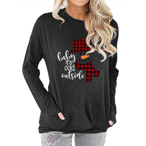 Women Pocket Blouse Checkered Stitching Christmas Snowman Print Round Neck Long Sleeve Shirt