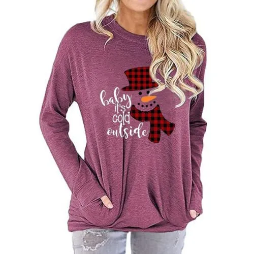 Women Pocket Blouse Checkered Stitching Christmas Snowman Print Round Neck Long Sleeve Shirt