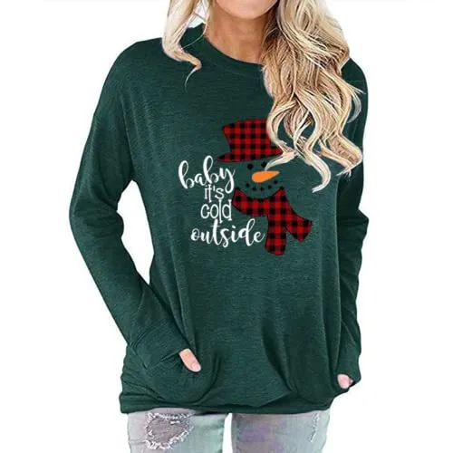 Women Pocket Blouse Checkered Stitching Christmas Snowman Print Round Neck Long Sleeve Shirt