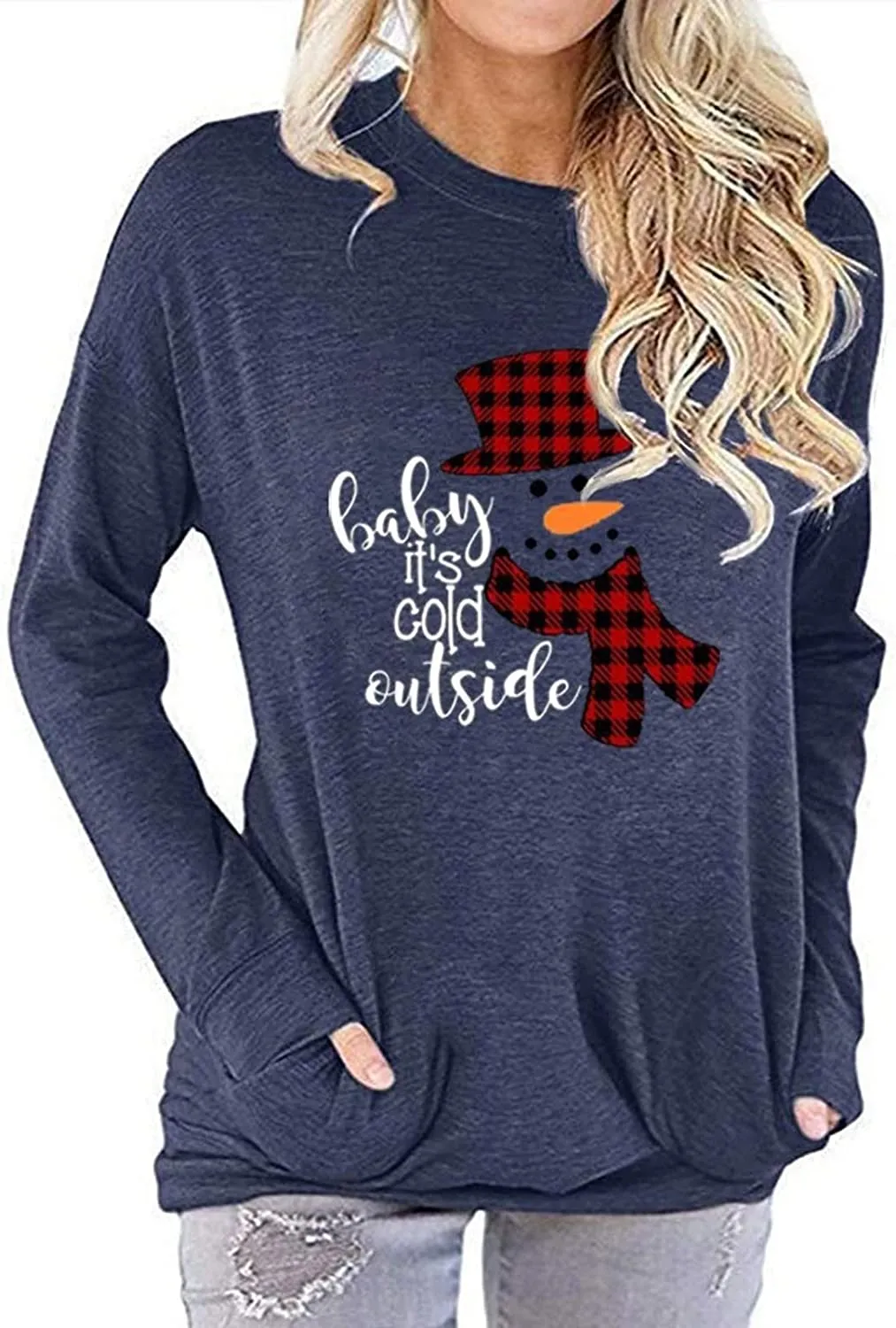 Women Pocket Blouse Checkered Stitching Christmas Snowman Print Round Neck Long Sleeve Shirt