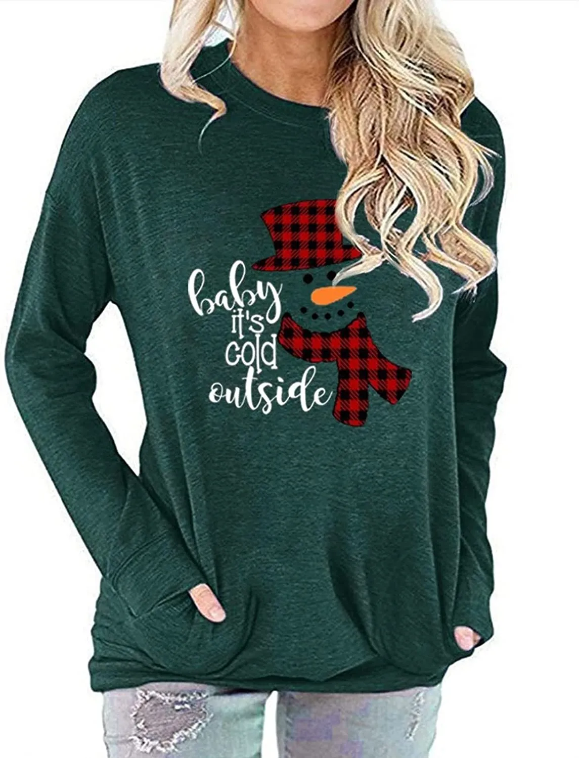 Women Pocket Blouse Checkered Stitching Christmas Snowman Print Round Neck Long Sleeve Shirt