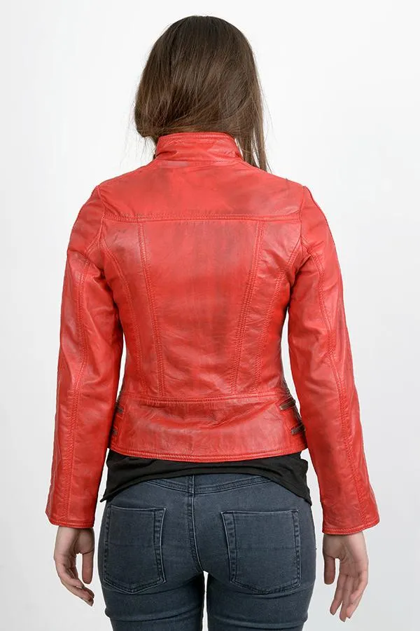 Women Red Bomber Sheep Skin Leather Jacket By TJS