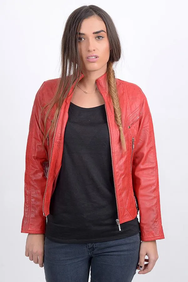 Women Red Bomber Sheep Skin Leather Jacket By TJS