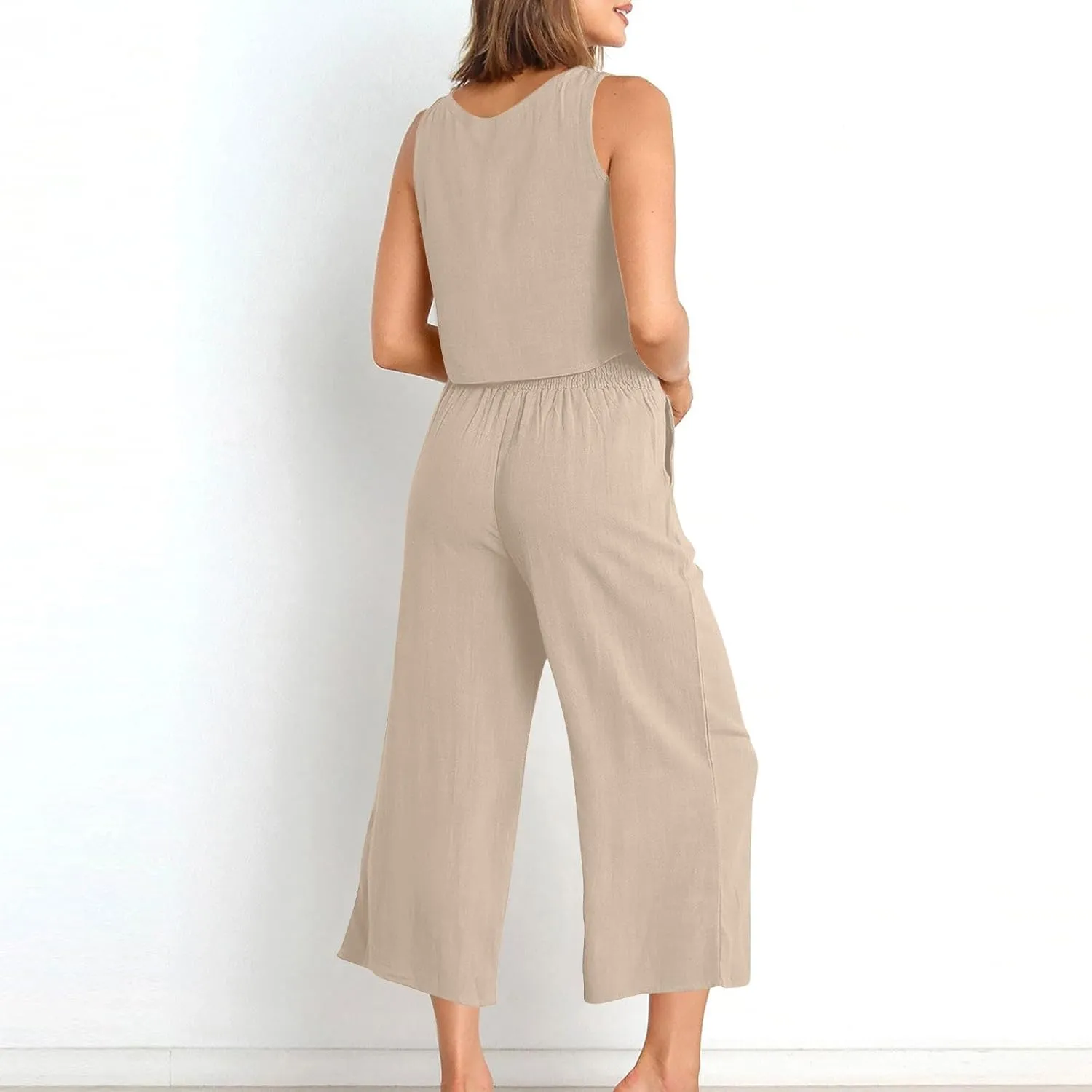 Women Summer 2 Piece Outfits Cotton Linen Sleeveless Crop Tank Top Wide Leg Pants Jumpsuits Lounge Beach Matching Sets