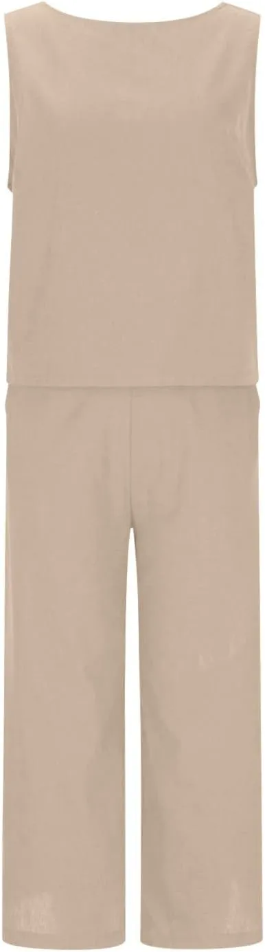 Women Summer 2 Piece Outfits Cotton Linen Sleeveless Crop Tank Top Wide Leg Pants Jumpsuits Lounge Beach Matching Sets