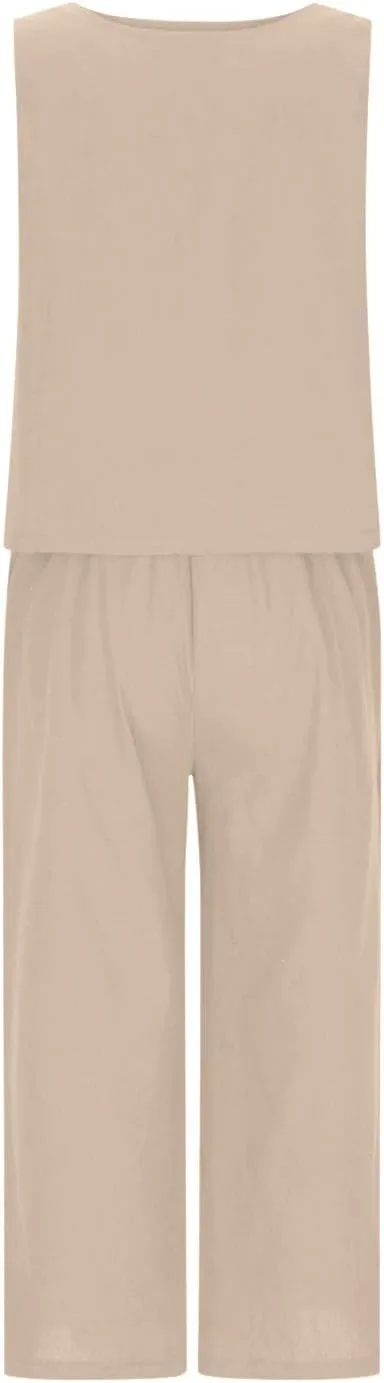 Women Summer 2 Piece Outfits Cotton Linen Sleeveless Crop Tank Top Wide Leg Pants Jumpsuits Lounge Beach Matching Sets