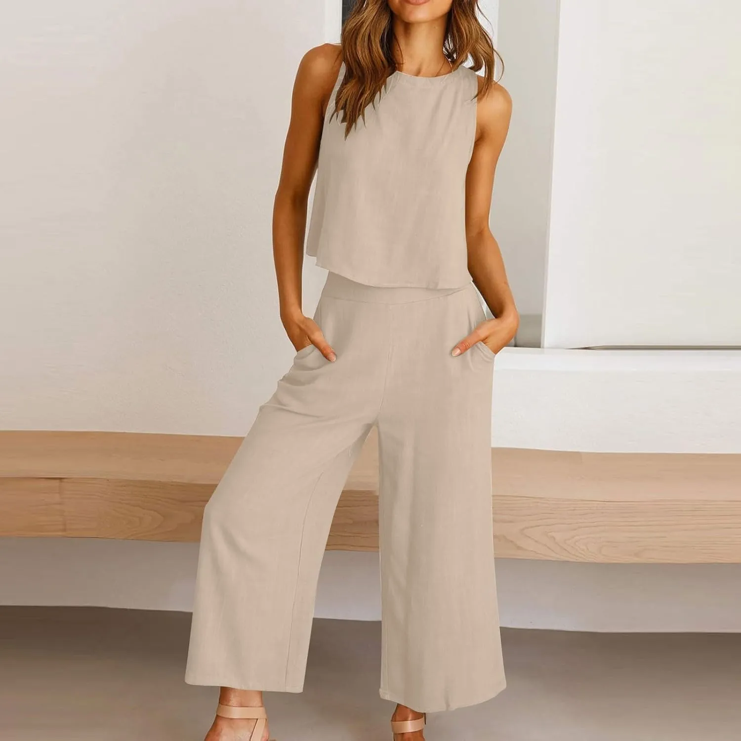 Women Summer 2 Piece Outfits Cotton Linen Sleeveless Crop Tank Top Wide Leg Pants Jumpsuits Lounge Beach Matching Sets