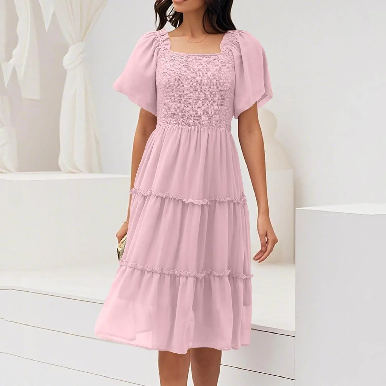 Women Summer Dresses 2025 Square Neck Flutter Sleeve Solid Color High Waist Casual Smocked Flowy A Line Tiered Midi Dress
