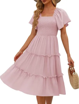 Women Summer Dresses 2025 Square Neck Flutter Sleeve Solid Color High Waist Casual Smocked Flowy A Line Tiered Midi Dress