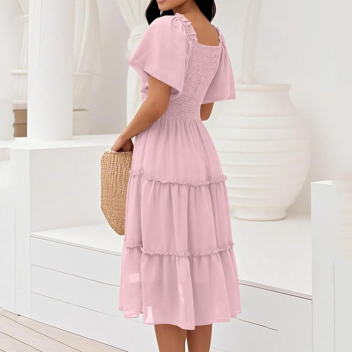 Women Summer Dresses 2025 Square Neck Flutter Sleeve Solid Color High Waist Casual Smocked Flowy A Line Tiered Midi Dress