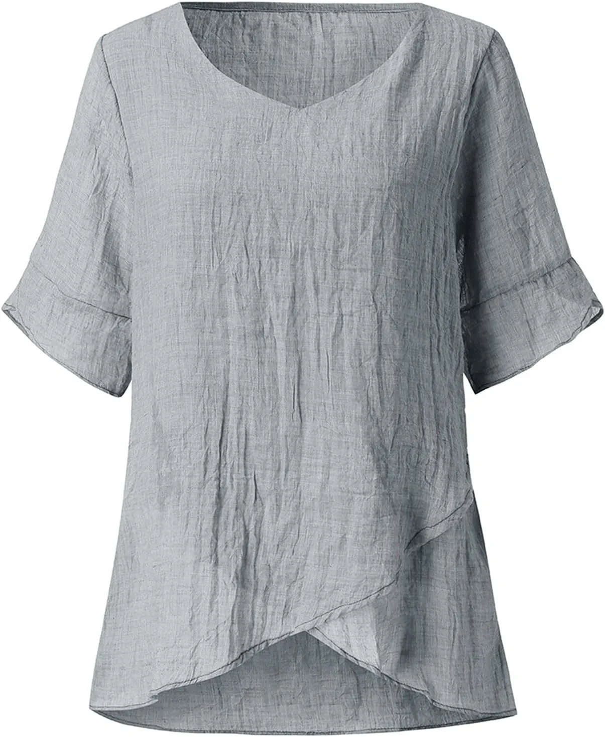 Women Summer Linen Cotton Tshirt Tops Vintage Trendy Casual Loose Fit Tunic Tees Plus Size Half Sleeve V Neck Blouses