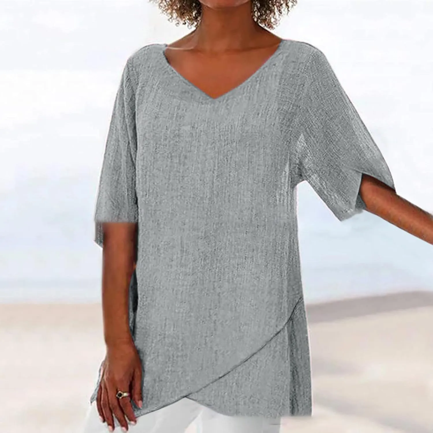 Women Summer Linen Cotton Tshirt Tops Vintage Trendy Casual Loose Fit Tunic Tees Plus Size Half Sleeve V Neck Blouses