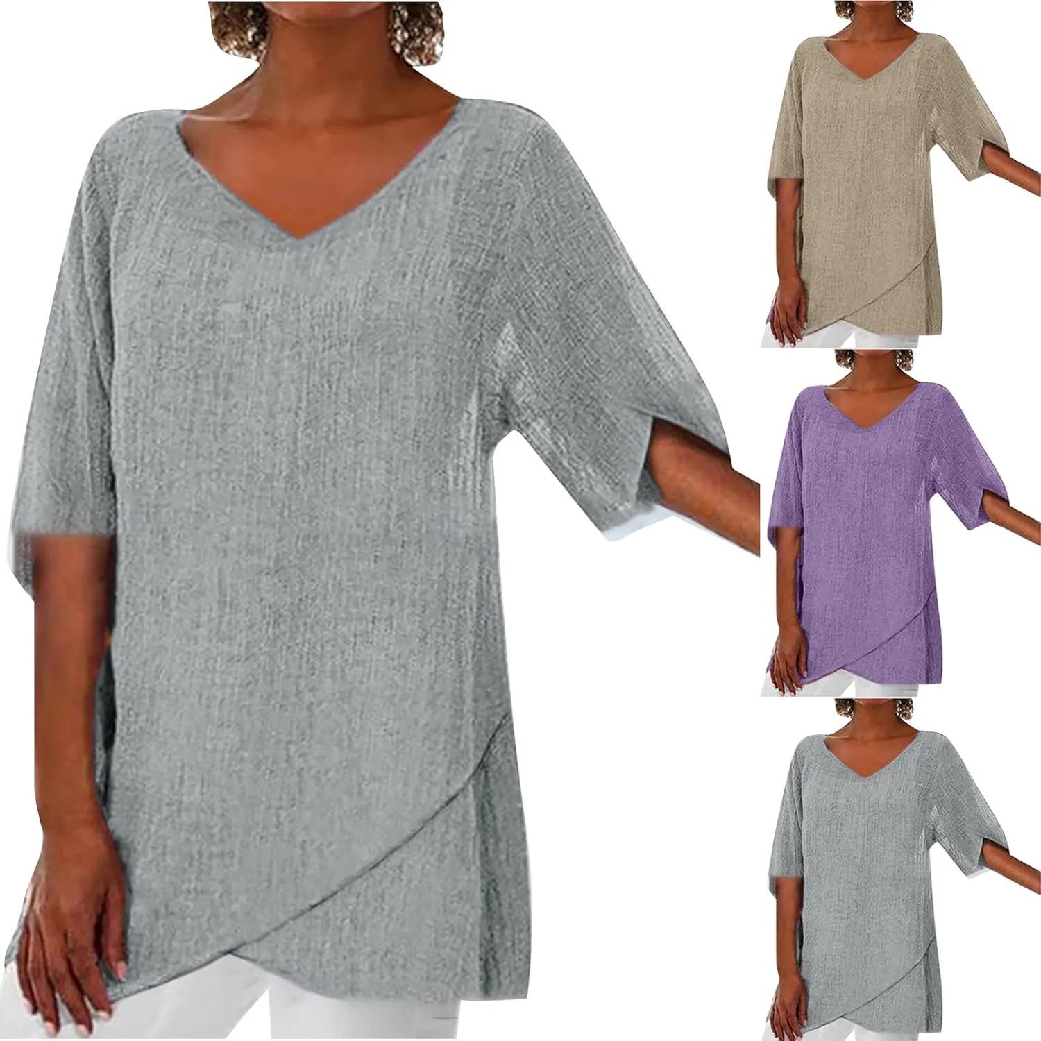 Women Summer Linen Cotton Tshirt Tops Vintage Trendy Casual Loose Fit Tunic Tees Plus Size Half Sleeve V Neck Blouses
